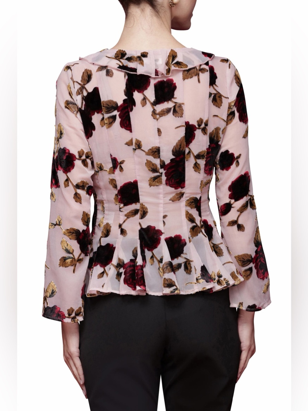 Avec Les Filles Burnout Velvet Floral Ruffle Blouse Pink Size S NWT - Picture 2 of 9